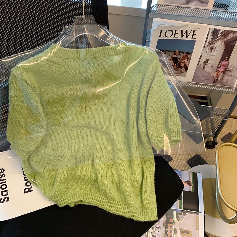 绿色小兔子提花短袖毛衣女2023春季新款设计感泡泡袖甜辣针织上衣