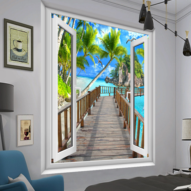 假窗户风景画竖版客厅房间装饰画沙发背景墙贴壁画温馨浪漫墙画,淘宝优惠券,粉丝福利购,淘宝优惠卷