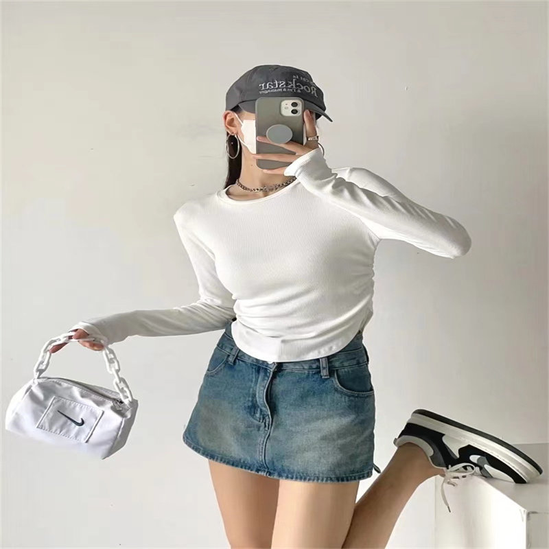 创宙 纯色螺纹短款套头T恤女长袖2023年春秋新款修身圆领打底上衣百搭