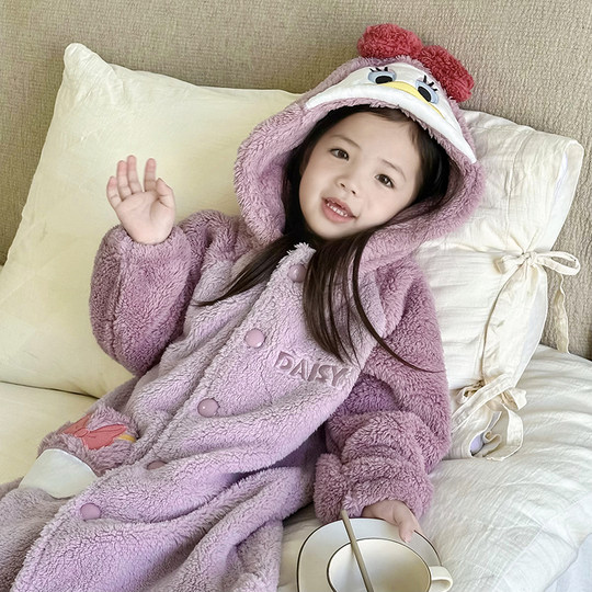 儿童法兰绒睡袍米老鼠长款加厚宝宝珊瑚绒连体睡衣冬款男女童浴袍