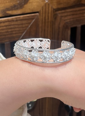 清欢 足银拉丝工艺花朵手镯女文艺气质开口腕链简约百搭约26克