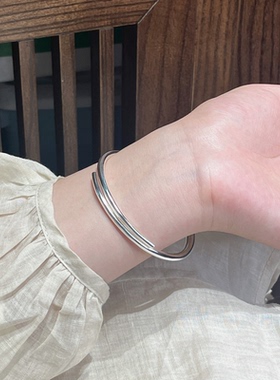 交织 足银999光面银手镯光圈手实心古法手环简单素圈送女朋友