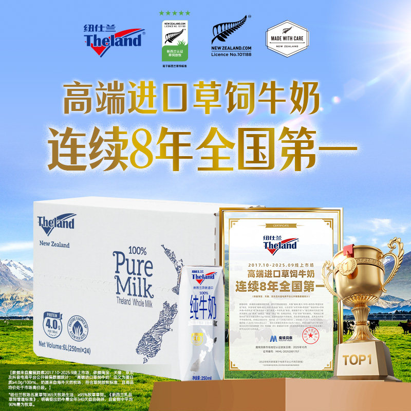 新西兰原装进口纽仕兰4.0蛋白学生早餐全脂高钙纯牛奶250ml*24盒