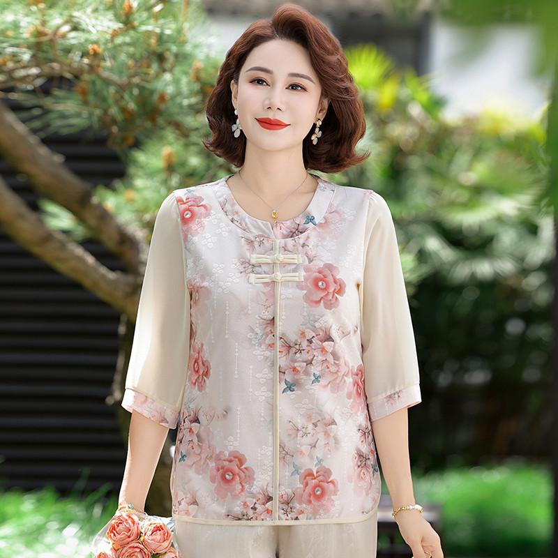 中老年人女装套装妈妈夏装国风新中式雪纺小衫短袖t恤薄款上衣服,淘宝优惠券,粉丝福利购,淘宝优惠卷