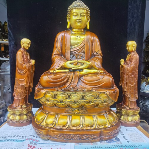 纯铜释迦摩尼佛祖铜阿难迦叶尊者摩诃迦叶一佛二弟子一套铜像摆件 - 图1