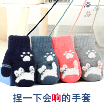 Winter Childrens glove plus suede thickened cartoon knead with cat-like hanging neck hanging neck male double female baby small glove