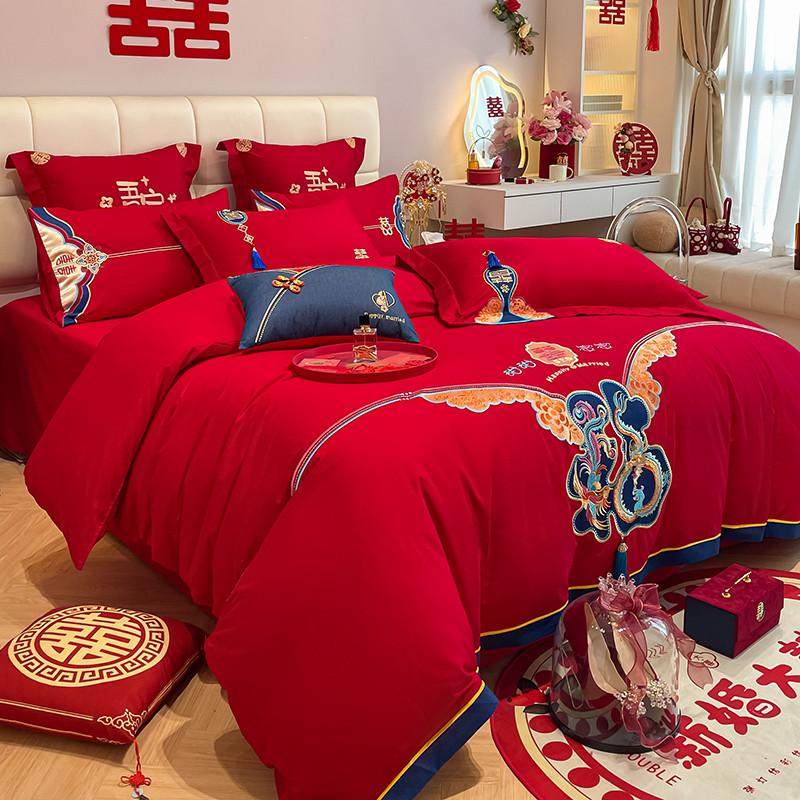 新中式婚庆160支长绒棉四件套红色被套结婚陪嫁全棉床单床上用品4,淘宝优惠券,粉丝福利购,淘宝优惠卷