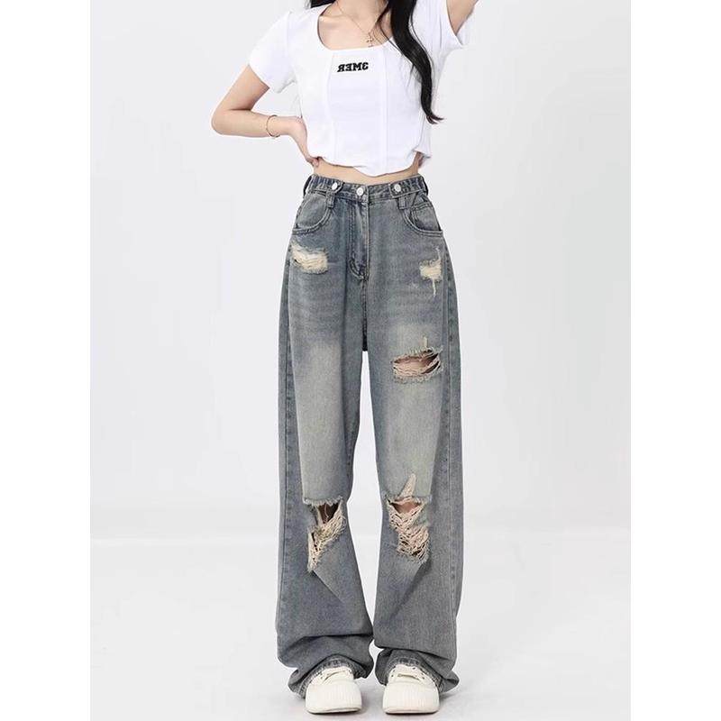 美式破洞女直筒大码胖mm梨型身材设计感显瘦阔腿裤,淘宝优惠券,粉丝福利购,淘宝优惠卷