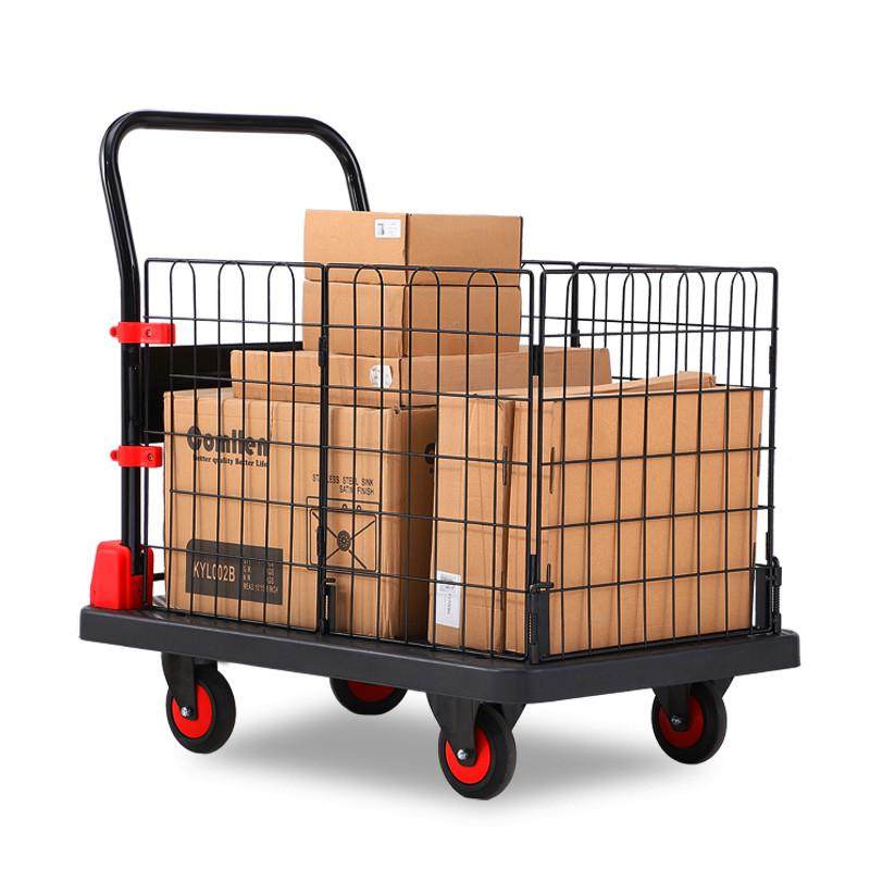 围栏手推车快递超市拣货拉货小推车带护栏静音可摺叠平板车网架车,淘宝优惠券,粉丝福利购,淘宝优惠卷