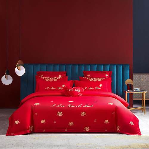 婚庆刺绣四件套大红喜被床上用品结婚被套新婚床品婚礼婚床六件套 - 图2