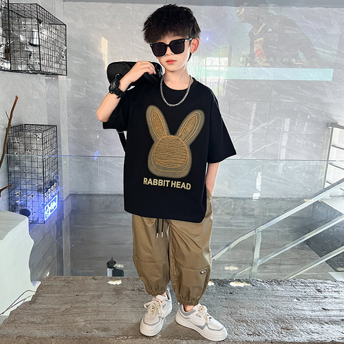 男童夏季套装2025儿童短袖九分裤两件套休闲洋气中大童男孩洋气潮 - 图1