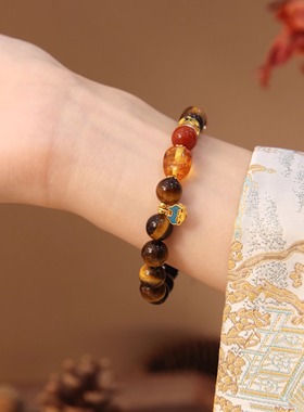 QIANTAO「松盈」原创中式天然琥珀虎眼石手串情侣旺财运聚财手链