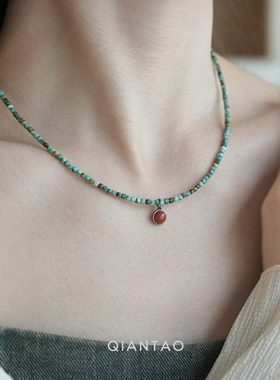 QIANTAO「暖翠」原创国风天然绿松石项链925银南红吊坠锁骨链礼物