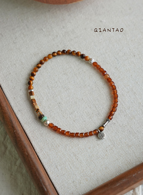 QIANTAO「杉月」原创天然橙石榴石虎眼石多宝手串情侣银手链礼物