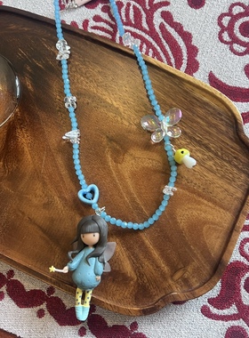 日韩水晶串珠可爱蓝色系花仙子女孩少女心仙女卡通短款项链颈链女