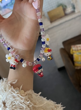 蓝红色KT猫咪凯蒂度假短款项链