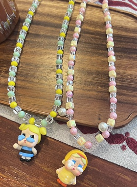 手作水晶项链可爱卡通泡泡玛特哭娃爱丽丝网红短款项链颈链小红书