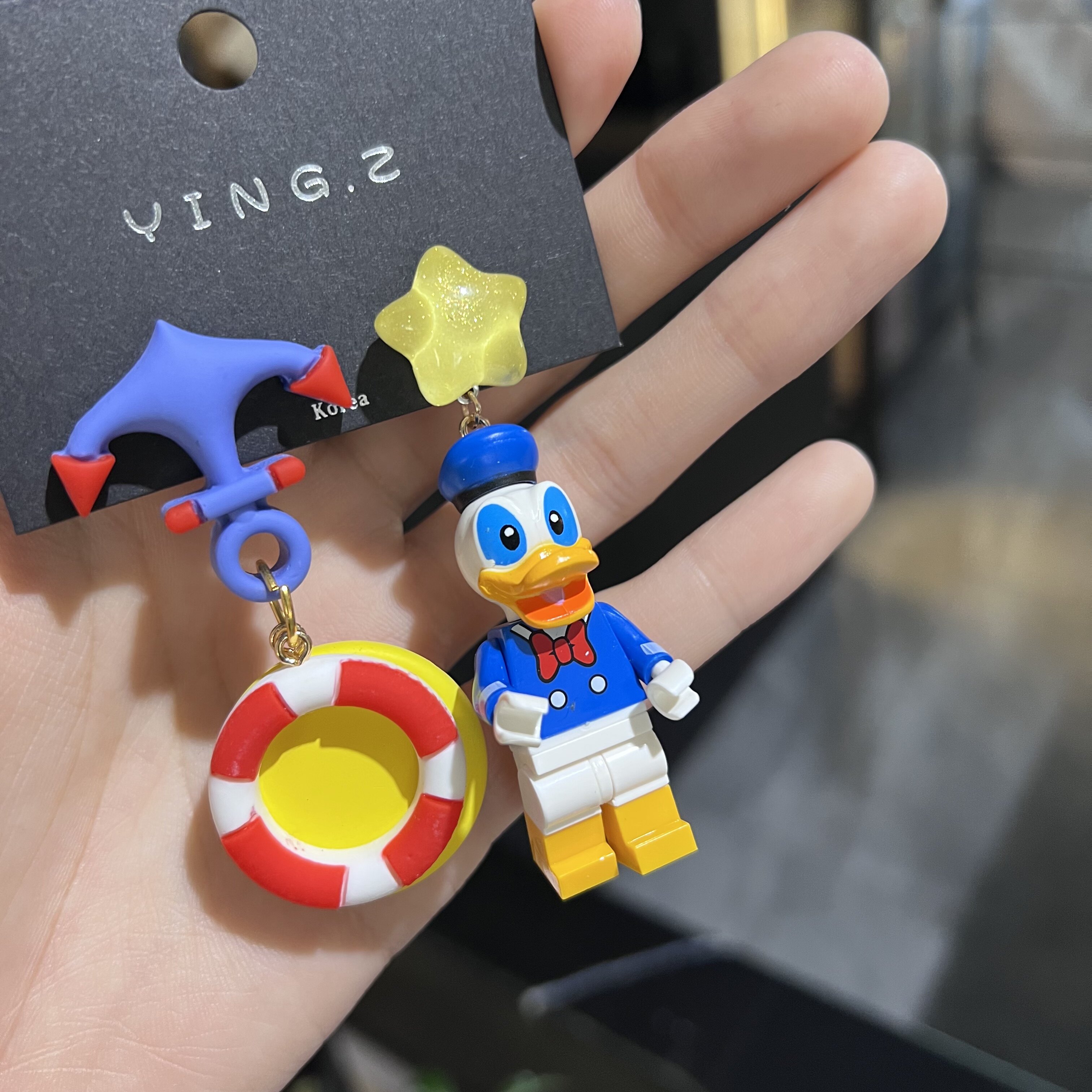 原创手工可爱积木唐老鸭耳环