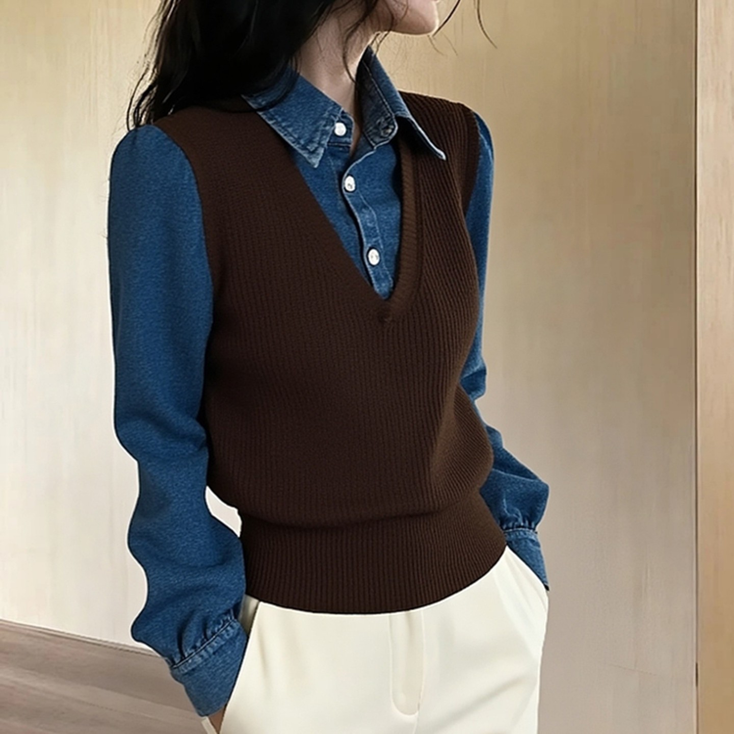 外贸撤回假两件咖色拼接针织衬衫女秋冬季洋气巨好看掐腰气质上衣 - 图2