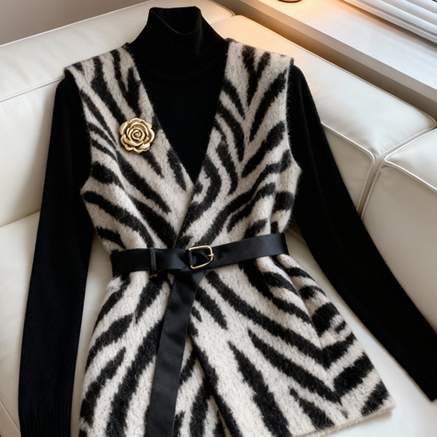 外贸撤回斑马纹针织马甲女冬高级感叠穿巨好看气质小香风收腰外套,淘宝优惠券,粉丝福利购,淘宝优惠卷