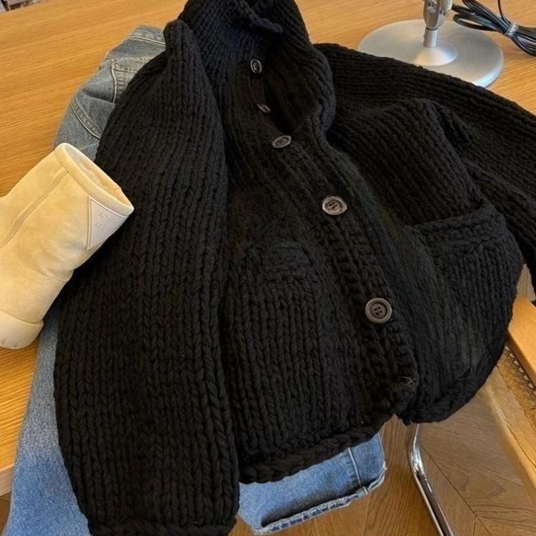 专柜撤回女装黑色卷边双口袋粗线毛衣外套超好看慵懒风针织衫冬季 - 图3