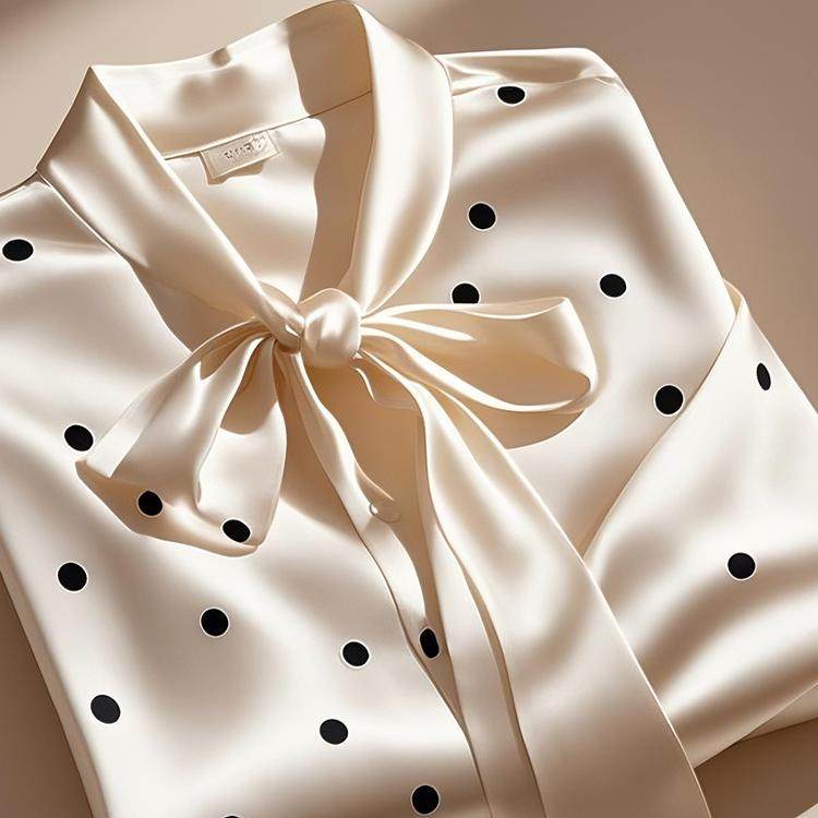 专柜撤回精致时尚洋气上衣独特绝美超好看白色波点系带缎面衬衫春,淘宝优惠券,粉丝福利购,淘宝优惠卷