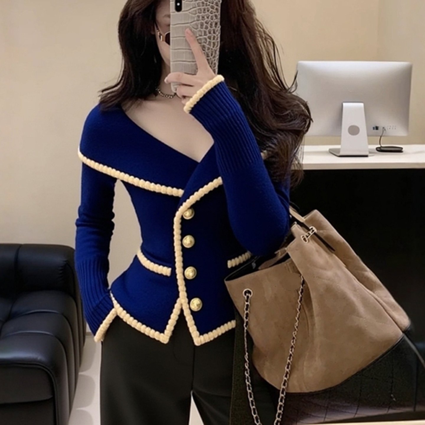 外贸撤回毛衣女款秋冬绝美巨好看轻熟气质高端蓝色翻领针织衫上衣,淘宝优惠券,粉丝福利购,淘宝优惠卷