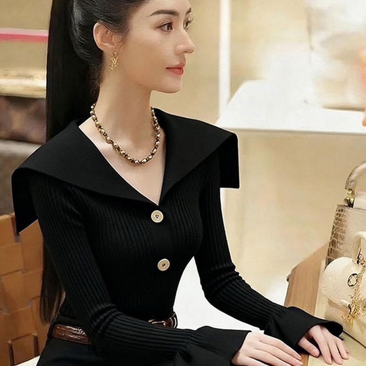 外面撤回黑色海军领针织衫女氛围感独特漂亮气质高端掐腰打底上衣 - 图2