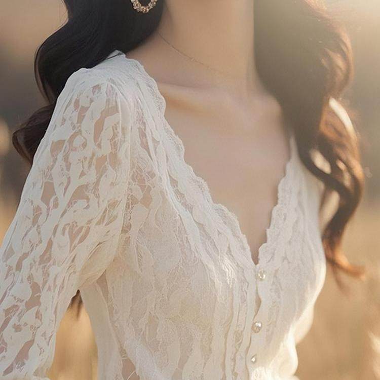 专柜撤回独特别致时尚洋气冷淡系小众轻奢高级感白色蕾丝V领衬衫,淘宝优惠券,粉丝福利购,淘宝优惠卷