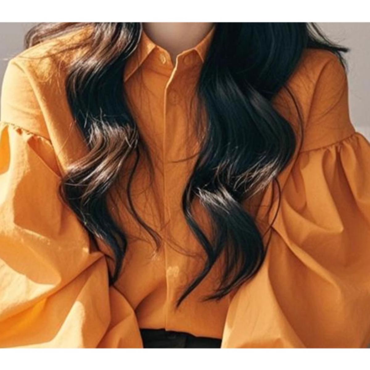 专柜撤回新款橙色灯笼袖单排扣衬衫女装冷淡系高级感独特别致上衣 - 图2