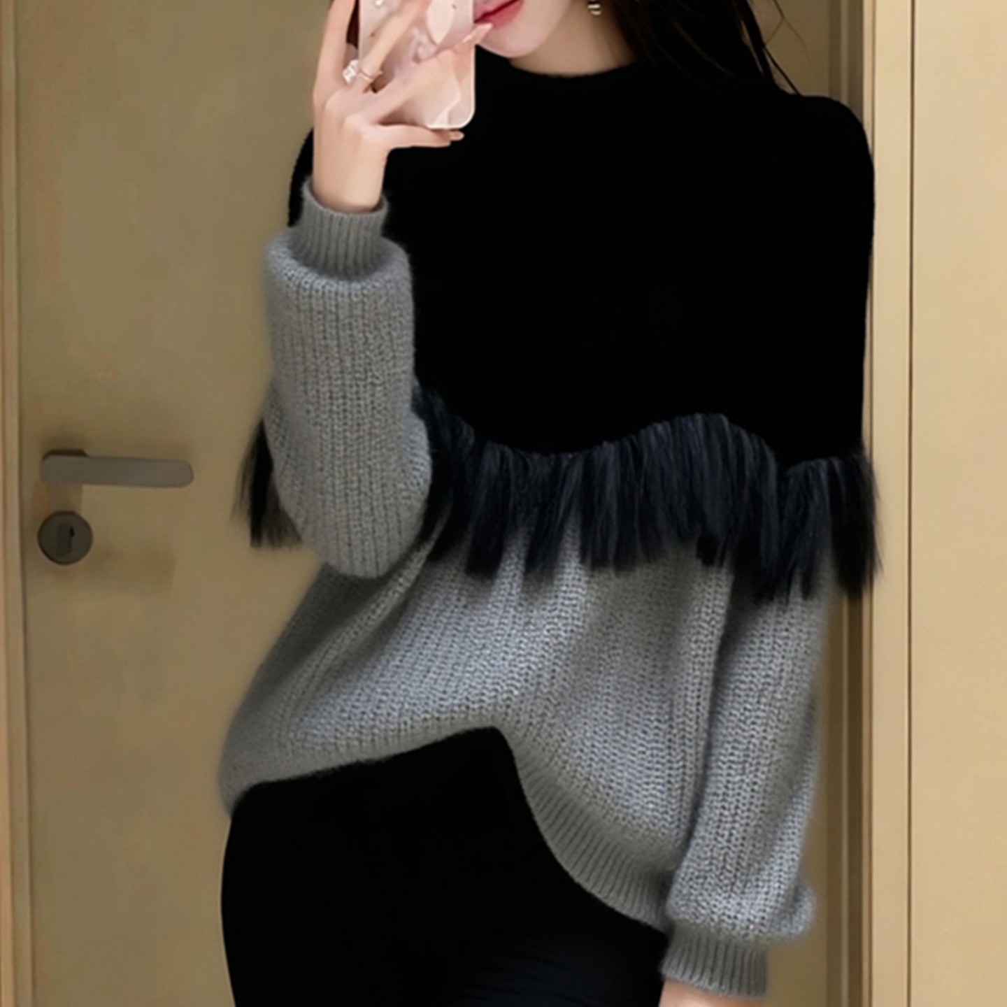 外贸撤回黑色网纱拼接假两件针织衫套头毛衣秋冬高端巨好看上衣,淘宝优惠券,粉丝福利购,淘宝优惠卷