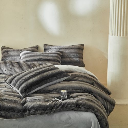 鱼梦仿皮草兔毛绒四件套灰色条纹加厚保暖床品套件轻奢被套床单 - 图3