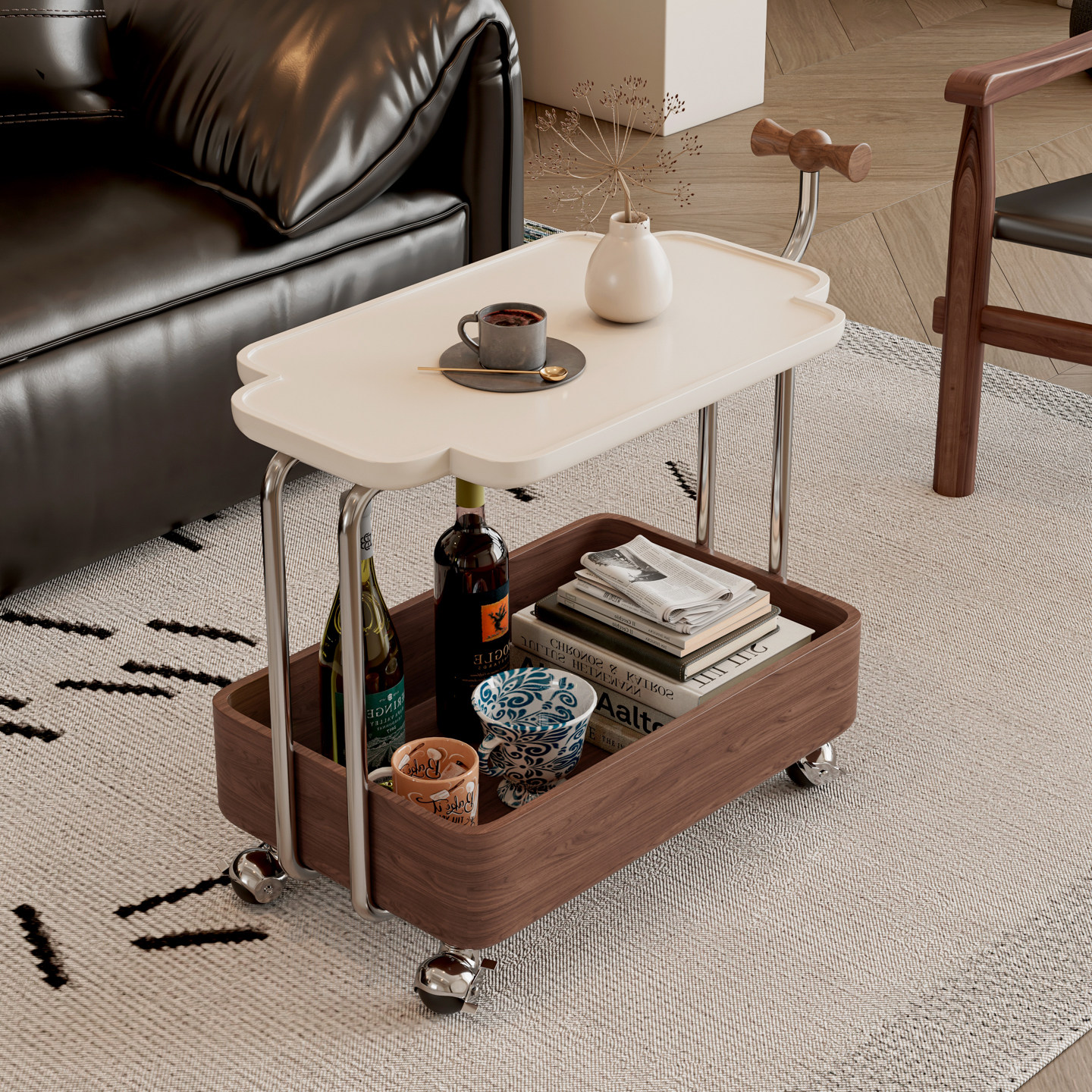 实木边几可移动收纳小推车中古客厅沙发储物置物架胡桃木色餐车 - 图2