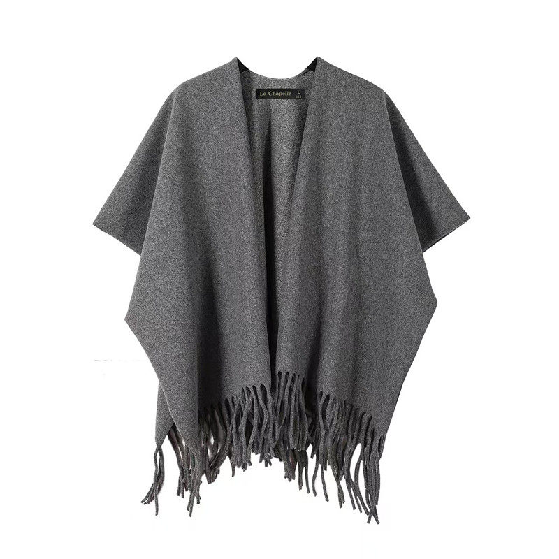 拉夏贝尔/La Chapelle时尚仿羊绒流苏披肩女秋冬高级感披风围巾 - 图3