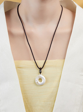 足银999三生有杏平安扣编绳项链磨砂女新中式复古国潮毛衣链秋冬