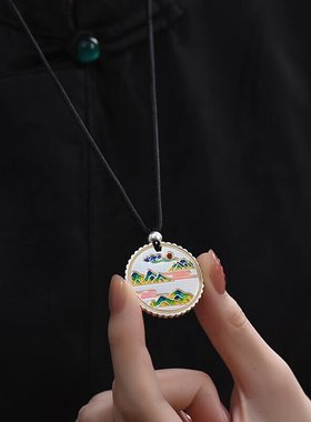 足银999珐琅彩描金吊坠项链平安无事牌千里江山图中国风情侣项链