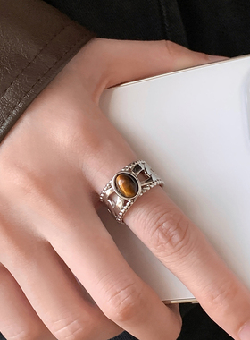 美拉德虎眼石可调节戒指女小众设计感食指戒复古中古重工椭圆指环
