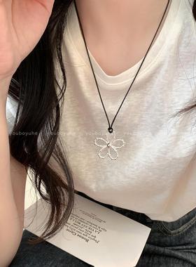 韩国博主镂空花朵吊坠项链女抽拉可调节百搭锁骨链小众ins风配饰