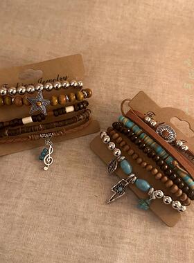 复古编织绳叠戴手链女款小众民族风串珠波西米亚手串巨好看的手饰