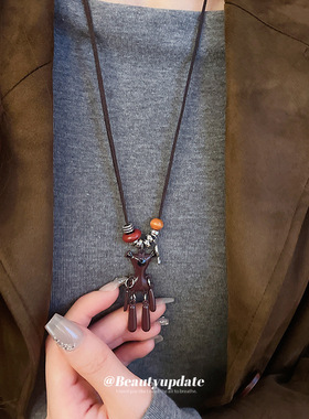 复古可爱吊坠挂绳t恤项链小熊长款配饰女小众衣服挂饰脖子毛衣链