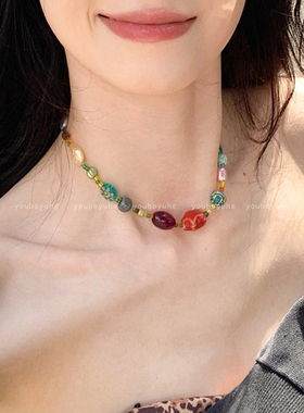 彩色多巴胺琉璃串珠项链女度假风做旧星星锁骨链高级复古颈链配饰