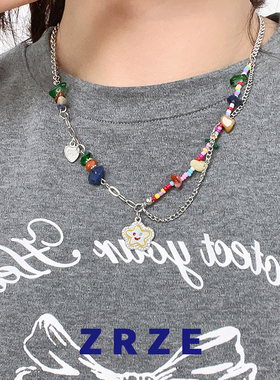 彩色笑脸花朵碎石项链甜酷辣妹风吊坠个性百搭气质时尚锁骨链