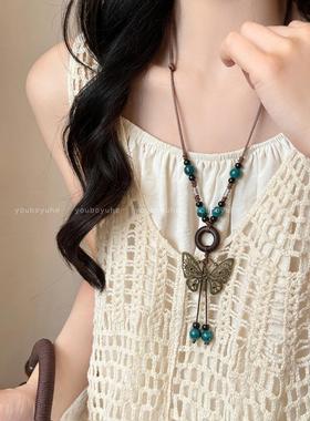 波西米亚风蝴蝶串珠编绳项链女新中式复古长款陶瓷挂链民族风配饰