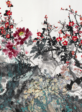 G045盛世才有百花红图国画心装饰画芯高清宣纸微喷打印复制
