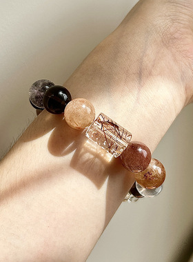 天然红铜发茶晶超七白水晶手链女生大颗粒个性小众水晶串珠