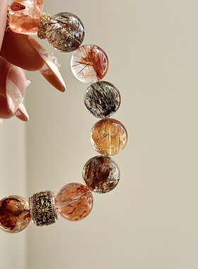 黑金超手链女大颗粒红胶花个性小众水晶转运串珠手串