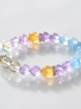 天然多手链圈女款白水晶海蓝多彩水晶手工编织手串