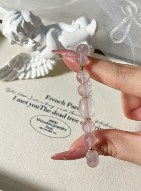 甜美粉晶手链女生简约天然白玛瑙白水晶串珠粉晶桶珠