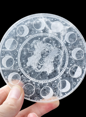 天然透摩洛哥石膏石女神月相圆形杯垫亚硝酸盐原石装饰工艺品摆件