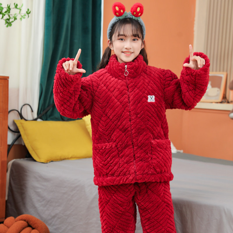 男女童保暖睡衣加绒加厚三层夹棉珊瑚绒冬款男童法兰绒家居服套装,淘宝优惠券,粉丝福利购,淘宝优惠卷
